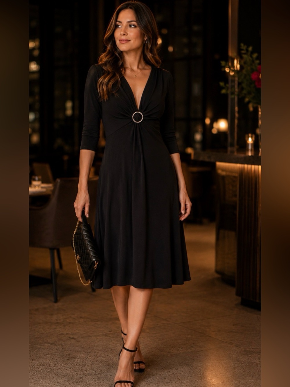 Evan Picone Black Midi Dress with Rhinestone Ring Detail